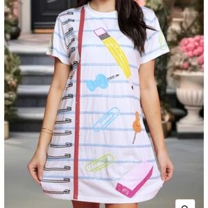 QUEEN OF SPARKLES White Notebook Paper & School Supplies Tee Mini Dress Size XS
